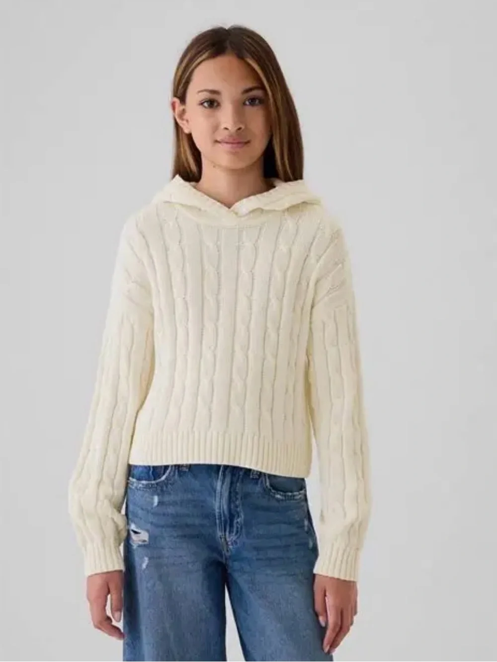 🤍 NWT! GAP Kids 100% Cotton Cream Cable-Knit Cropped Hooded Sweater